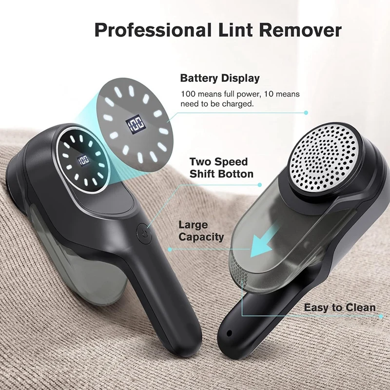 Clothes Lint Remover Rechargeable Lint Shaver With 2 Speeds 3 Replaceable Blades