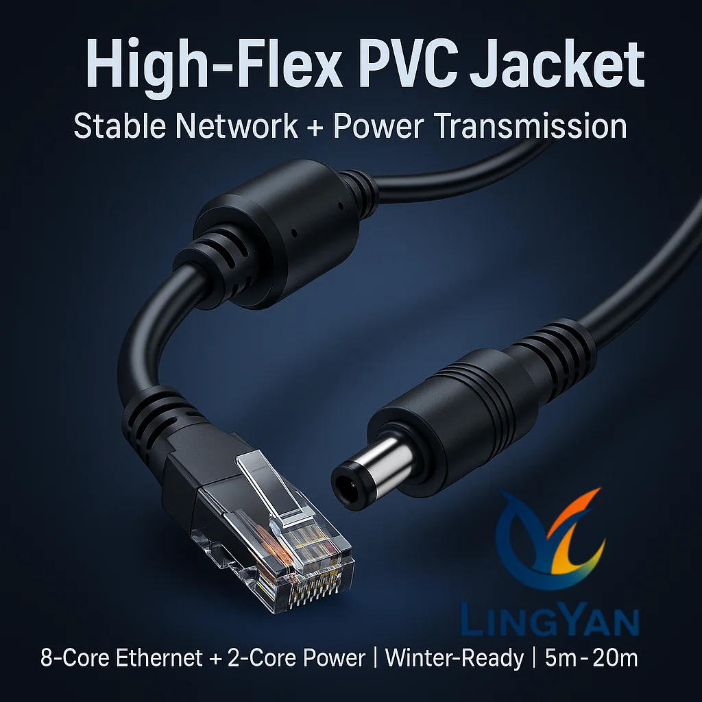 Winter Stable CCTV Power & Ethernet Cable | DC5.5×2.1 + RJ45 | For Hikvision Dahua TP-Link IP Cameras | Flexible PVC 5–20m