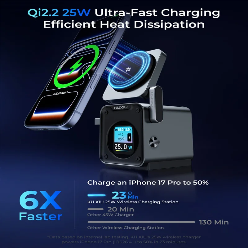 KUXIU D5 Qi2.2 25W Magnetyczna Stacja Ładująca Bezprzewodowa z Inteligentnym Kolorowym Wyświetlaczem TFT do iPhone 18 17 16 15 14 13/iWatch/AirPod — zdjęcie produktu 2