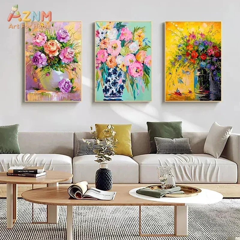 AZNM Thick Textured Floral Canvas Wall Art Colorful Rose Flower Vase Oil Painting Bright Living Room Unframed Canvas Decor Poste