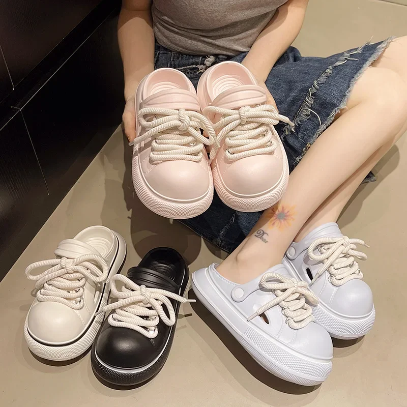 

Женские тапочки на платформе со шнуровкой «сделай сам», домашняя уличная садовая обувь, модные сабо на толстой подошве, летние уличные пляжные сандалии для девочек