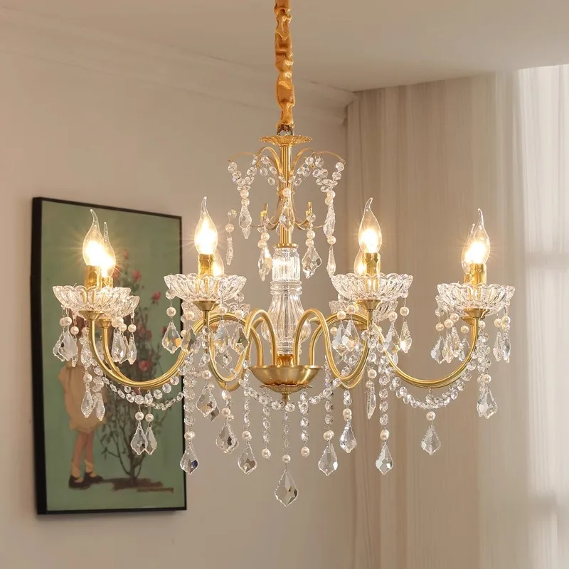 French Retro Copper Crystal Living Room E14 Chandeliers Light Luxury Dining Room Bedroom Study Candle Pendant Lights Lustre Lamp