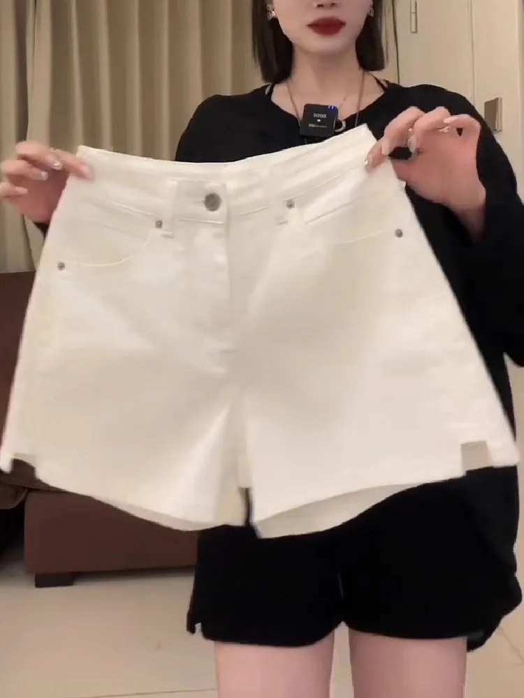 High Waist A-Line Denim Shorts Women's Summer Slimming High Waist Slit Design Casual Wear Cotton Material Comfortable Fit