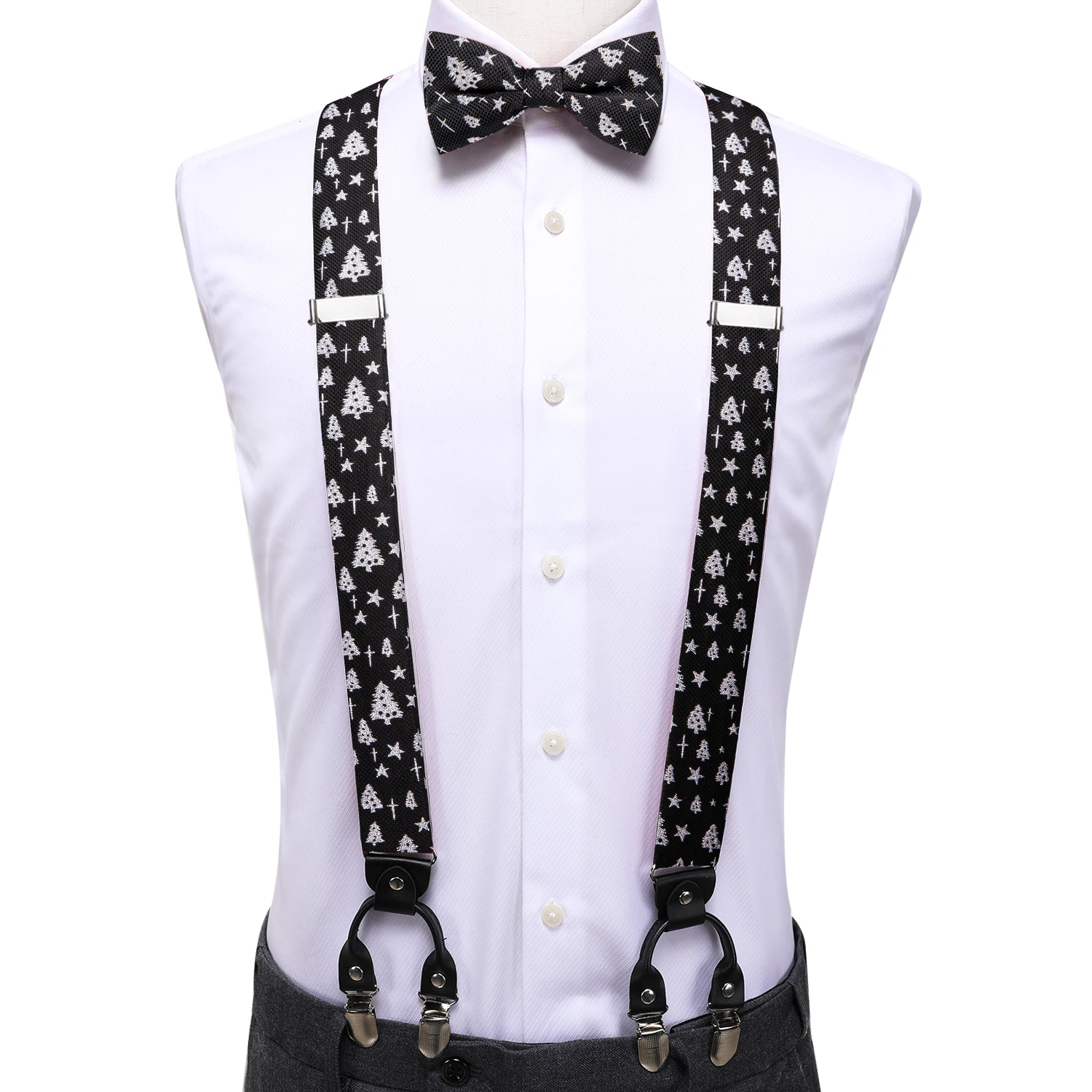 Suspender de seda preto branco de árvore de Natal para homens, laço de Natal, couro metal, chaves 6 clipes, moda