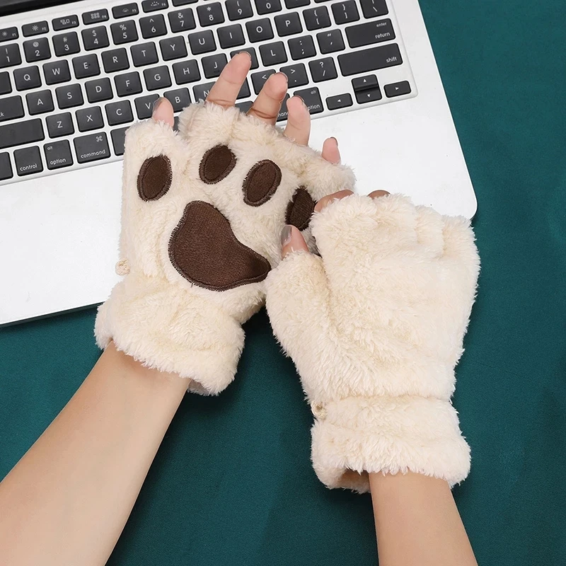 Rimiut Cartoon Cat Claw Gloves for Women Girls Thickened Plush Lovely Style Bear Paw Exposed Fingers Half Finger Winter Gloves