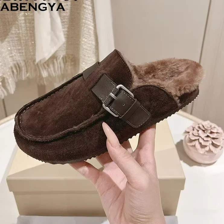 Winter Wool Half Flat Slippers Women Loafers Suede Leather Casual Derby Shoes Slides Home Fur Slippers Woman Mules