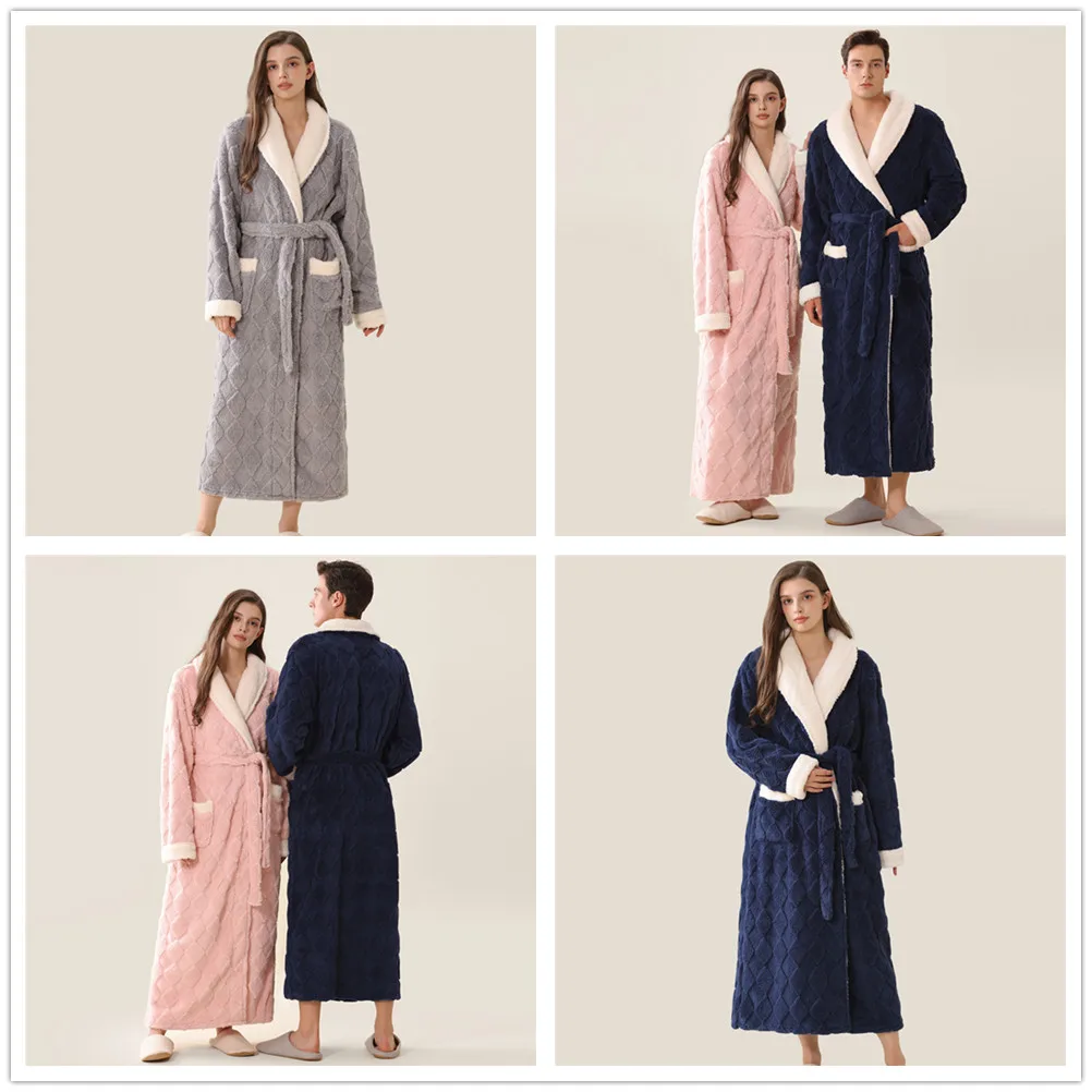 Lovers Couple Flannel Nightwear Winter Thicken Warm Soft Robe Gown Sleepwear Women Men Coral Kimono Bathrobe