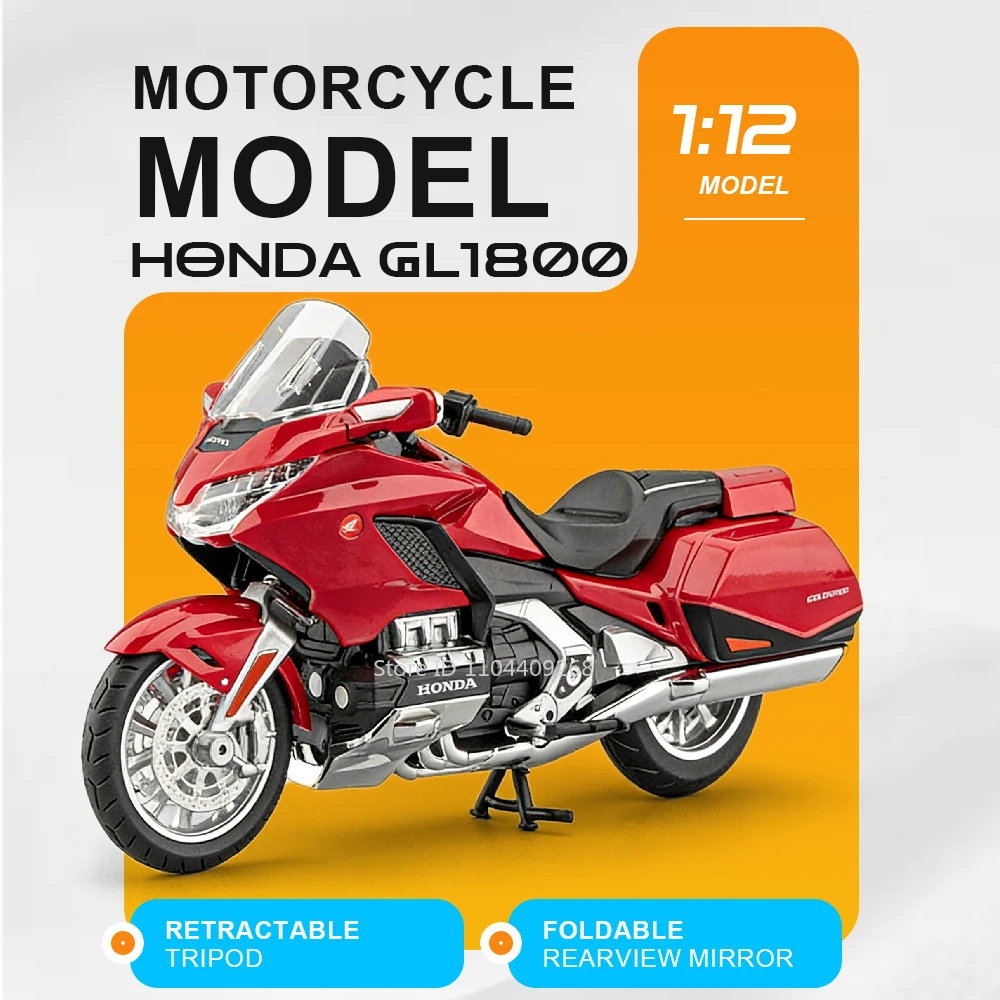 

Модель мотоцикла Honda Gold Wing GL1800 в масштабе 1:12, металлическая литая игрушка с музыкой и светом, складными зеркалами заднего вида, для хобби и декора