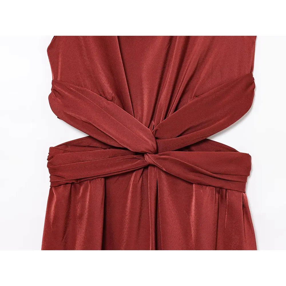 Willshela 女性ファッション赤いサテンちょう結びミディキャミソールドレスラウンドネックノースリーブ女性シックな女性カジュアル Mujer ロング Vestidos