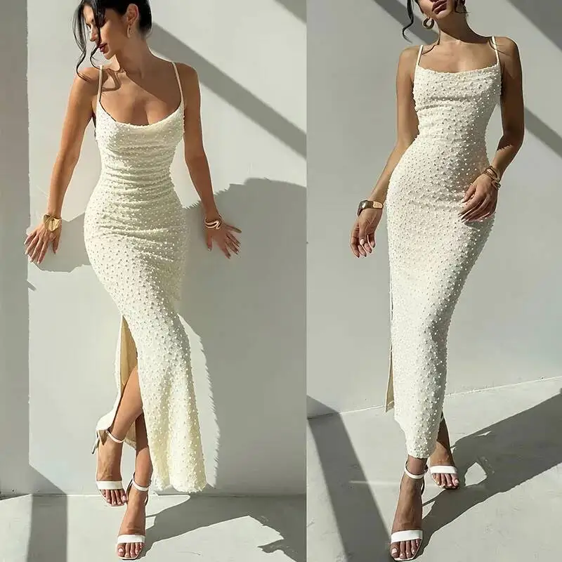 Moda slash neck oco magro bodycon primavera verão sem mangas alças longo feminino sólido lado split boho vestido mujer