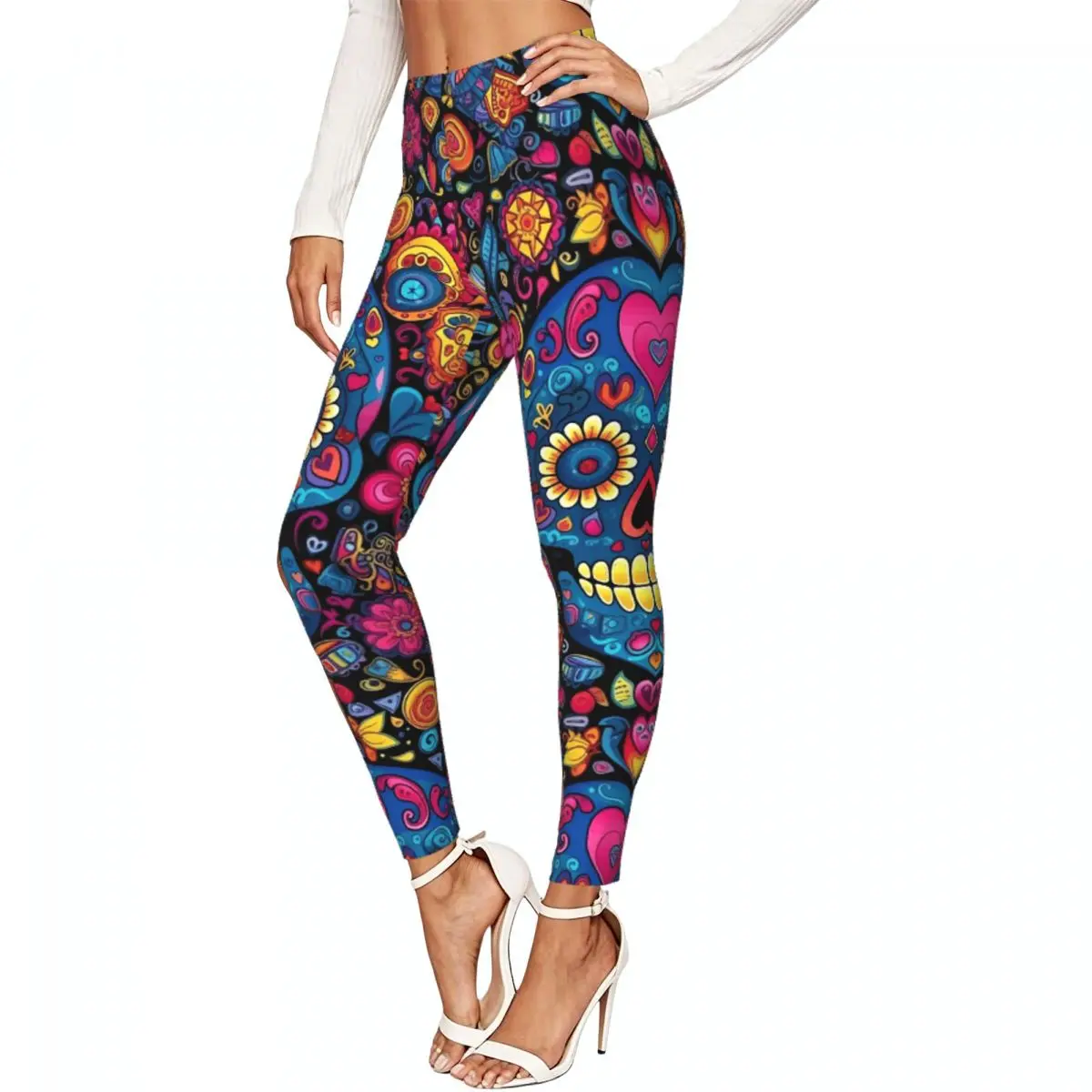 Casual Ladies Slim Leggings Day Of The Dead Skulls Acoustic Guitars Hearts Elastic High Waist Sports Daily Wear Trousers