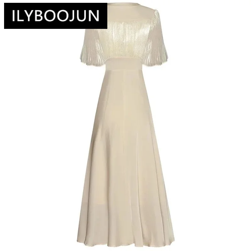 ILYBOOJUN Fashion dress Summer Women's Dress Ruched Flare Sleeve Beading V-neck Elegant S-XXL Midi Dresses