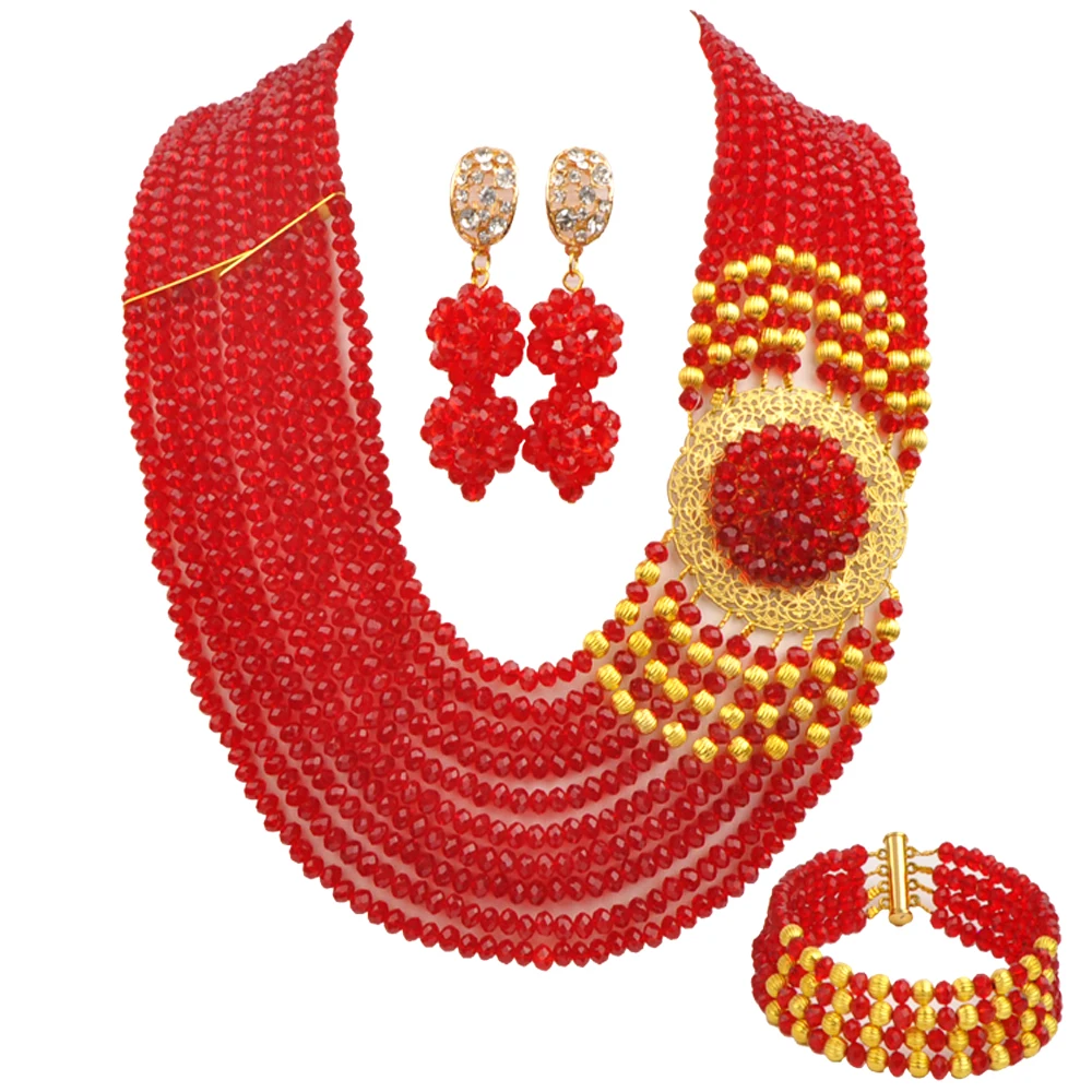 New Nigeria Bridal Wedding Accessories Red Plate Flower Crystal Necklace African Wedding Couple Jewelry Set YY-47