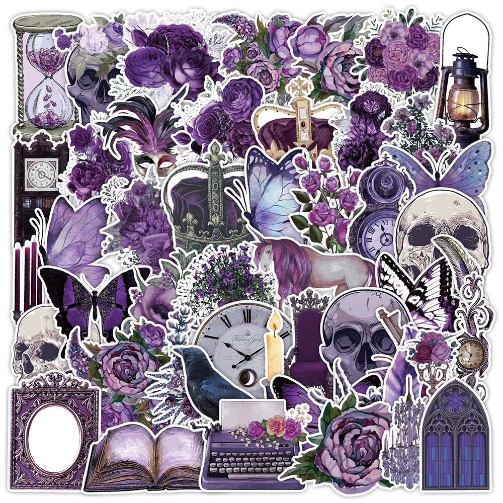 

10/30/50pcs Vintage Gothic Skull Stickers Purple Aesthetic Sticker Waterproof Phone Laptop Luggage Decorative Halloween Decals