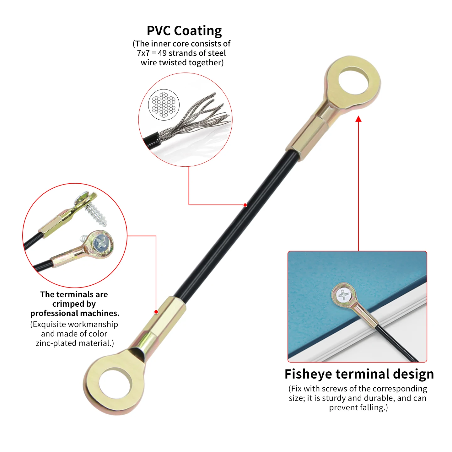 2/3mm 304 Steel Wire Safety Rope, Surface PVC Coating, M6 Crimping Terminal for Mechanical Connection/Lighting Suspension image 2