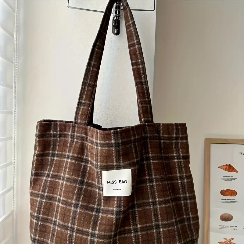 Autumn and winter checkered tote bag, ins laid-back single-shoulder bag, large-capacity handbag, for daily commuting view 4