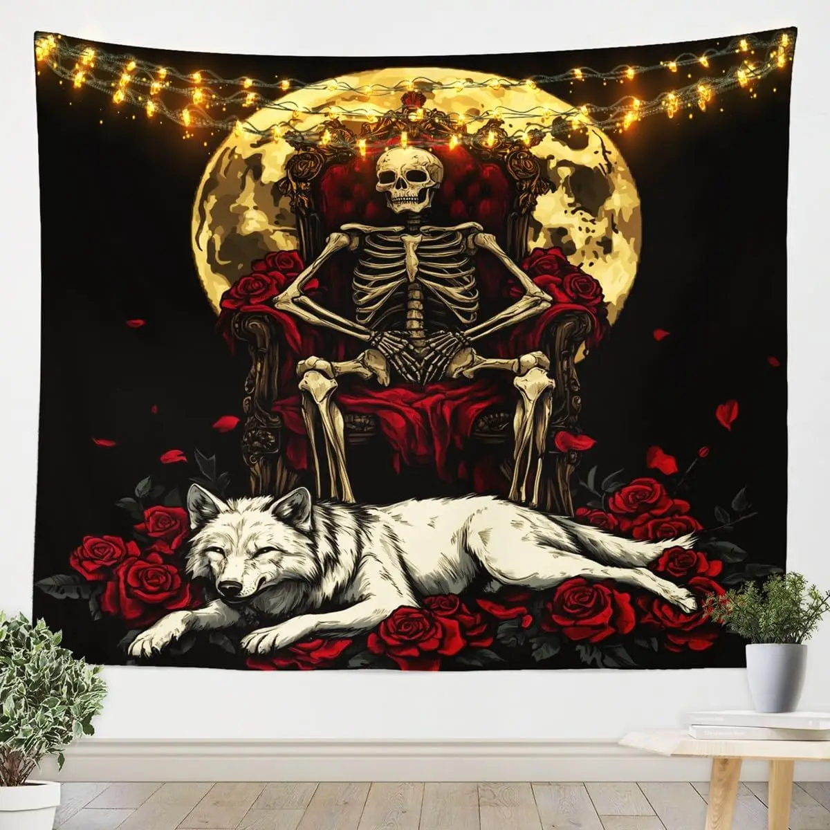 Gothic Skeleton Wolf Moon Tapestry Dark Aesthetic Halloween Decor Wall Art Hanging Spooky Throne Room Decor Fantasy Print