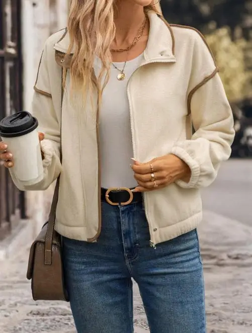 

Autumn and Winter Contrasting Striped Border Splicing Lapel Long Sleeved Jacket for Women's Casual Daily Commuting Short Jacket