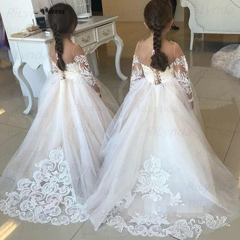 White Lace Child Flower Girl Dress Tulle Appliques Princess Floor Length for Wedding Party Baptism First Communion Gown