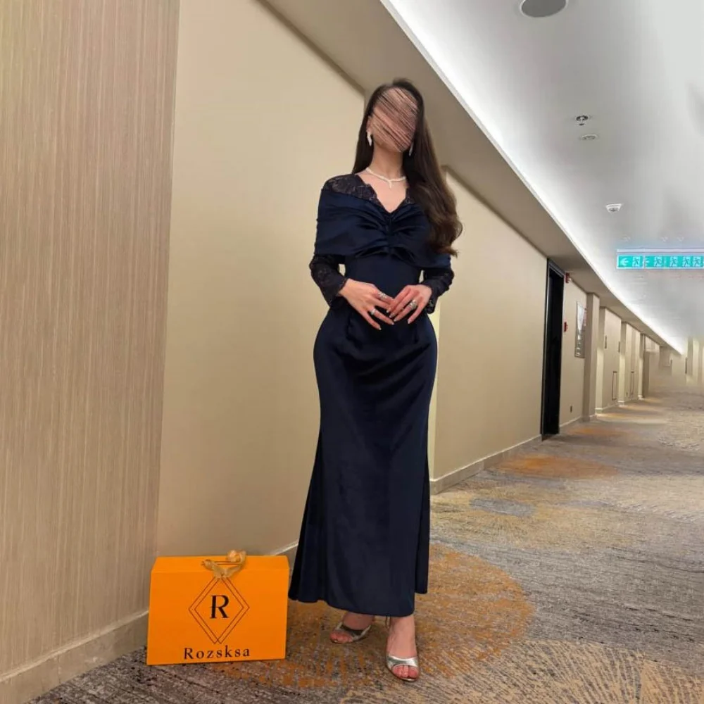 

Ruched Women Prom Dress Customized Long Sleeve Party Gown Charming Mermaid Party Dress Lace Women Evening Gownفساتين سهرة