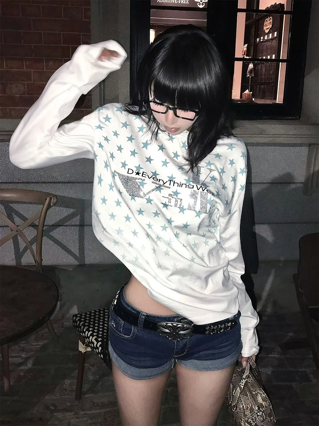 Loose Long Sleeve Women's T-shirt Star Pattern Street Style Light Y2K Early Autumn New Style Inner Wear Base Shirt White