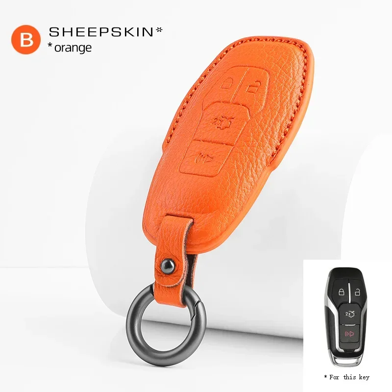 

For Ford Mustang 2016 2017 2018 2019 2020 2021 2022 Fashion GoatSkin Leather Car Remote Key Sheepskin Cover Case Shell Keychain