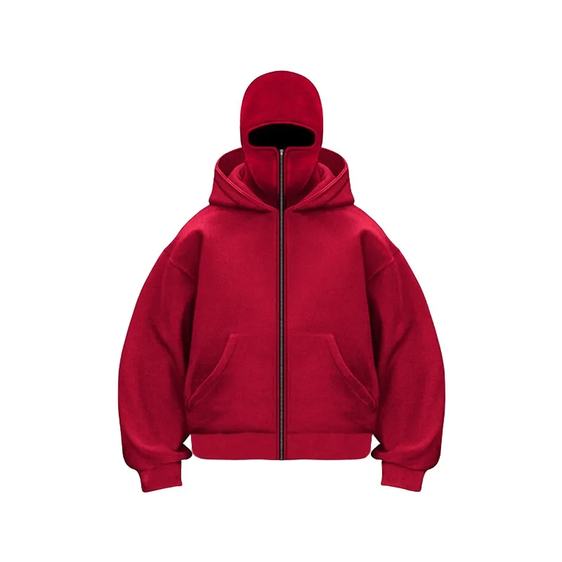 Unisex Double Layered Hooded Sweatshirt with Face Mask Zip Up Gothic Streetwear Jacket Winter Warm Pullover