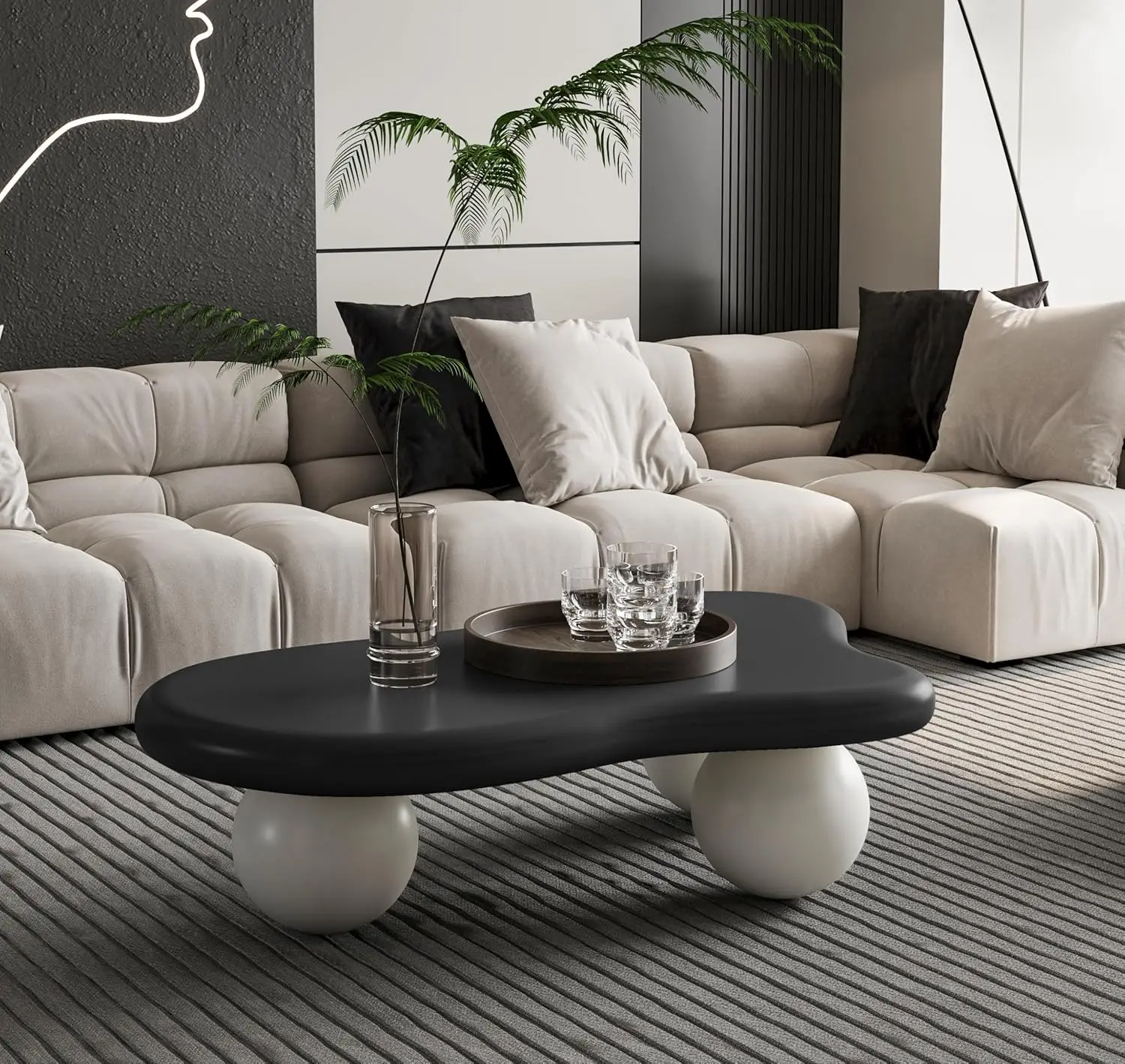 40” Black & White Modern Cloud-Shaped Coffee Table - Irregular Entertainment Center Table with Round Edges