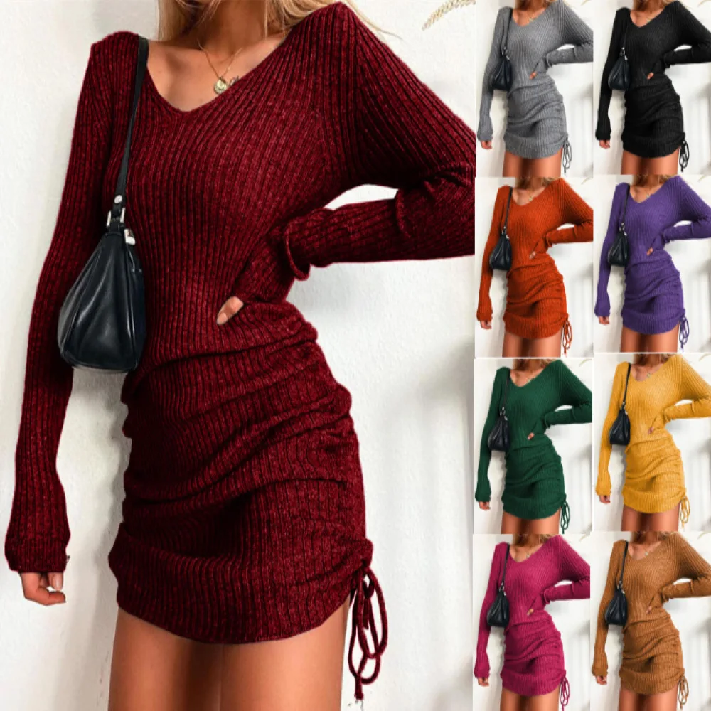 فستان مثير مضلع Bodycon طول الركبة فستان طويل الأكمام البلوز فستان Ruched الرباط تريكو الملابس للنساء #1