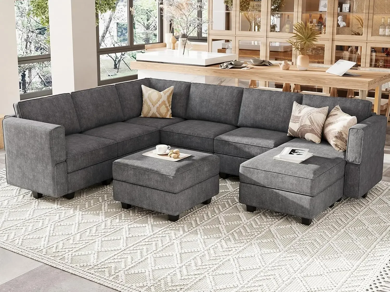 U/L Shaped Sofa Modular Couch Reversible Storage Ottoman Sofa Large Couches,Black/Dark Grey