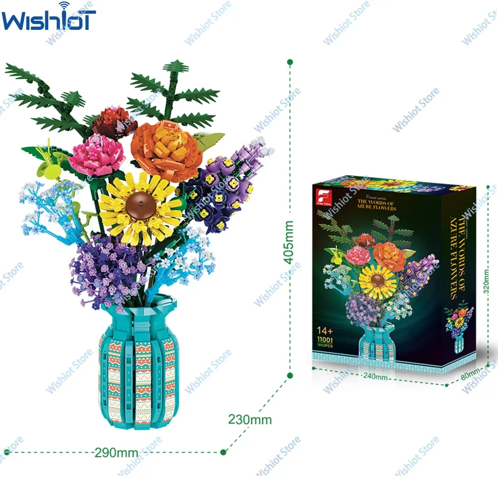 Flowers Bouquet Vase Building Blocks Eternal Plant Model Sunflower Gypsophila Romantic Holiday Gift Idea Home Decor Toy 1853PCS