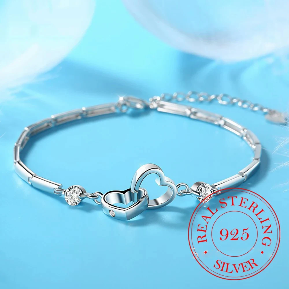 

Charms 925 Sterling Silver Bracelets Bangles Gift for Women Valentine's Days Crystal Zircon Wedding Love Heart Jewelry