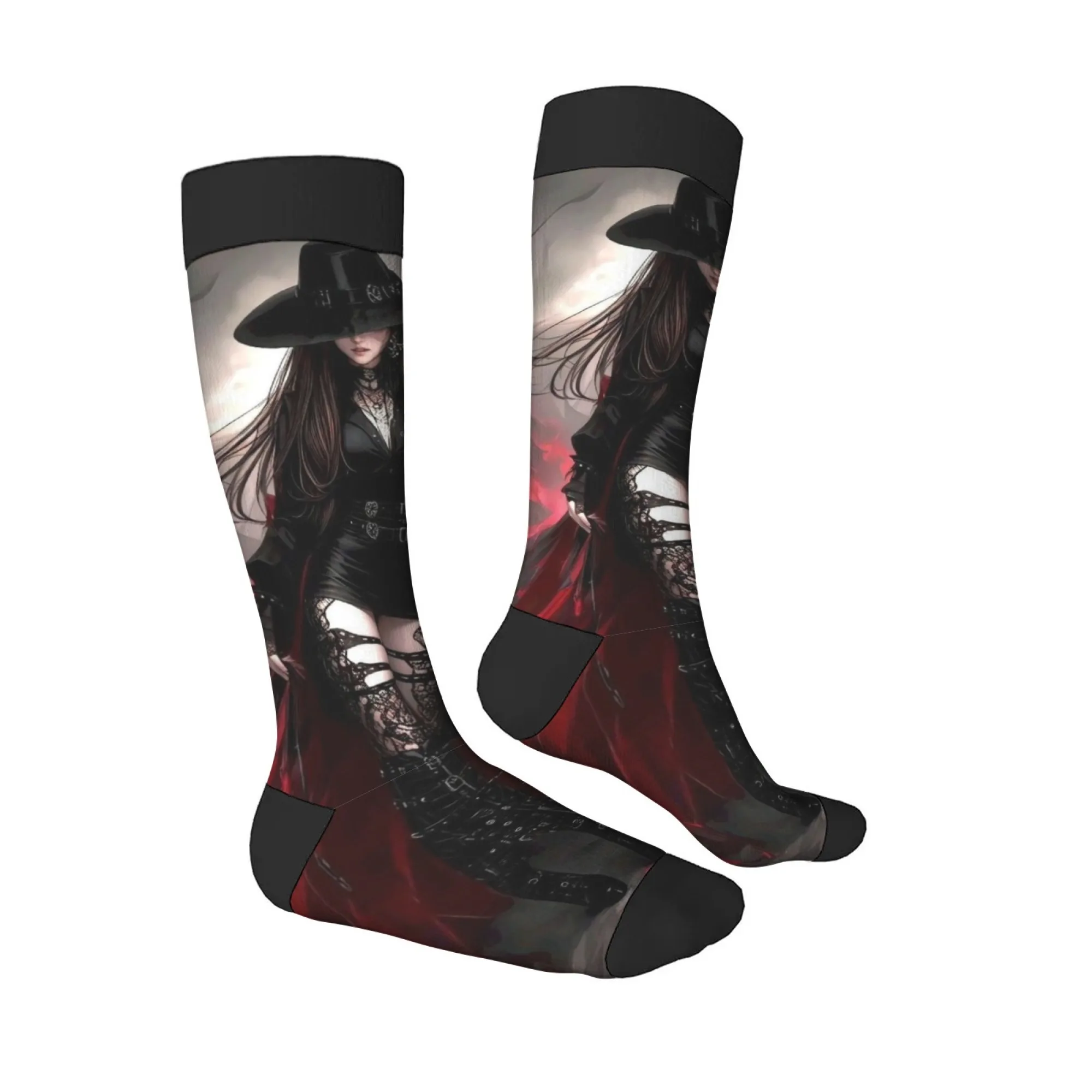 Stoking desain Gotik gelap uniseks gaya Harajuku kaus kaki hip-hop modis kasual elastis nyaman hangat kaus kaki olahraga kasual