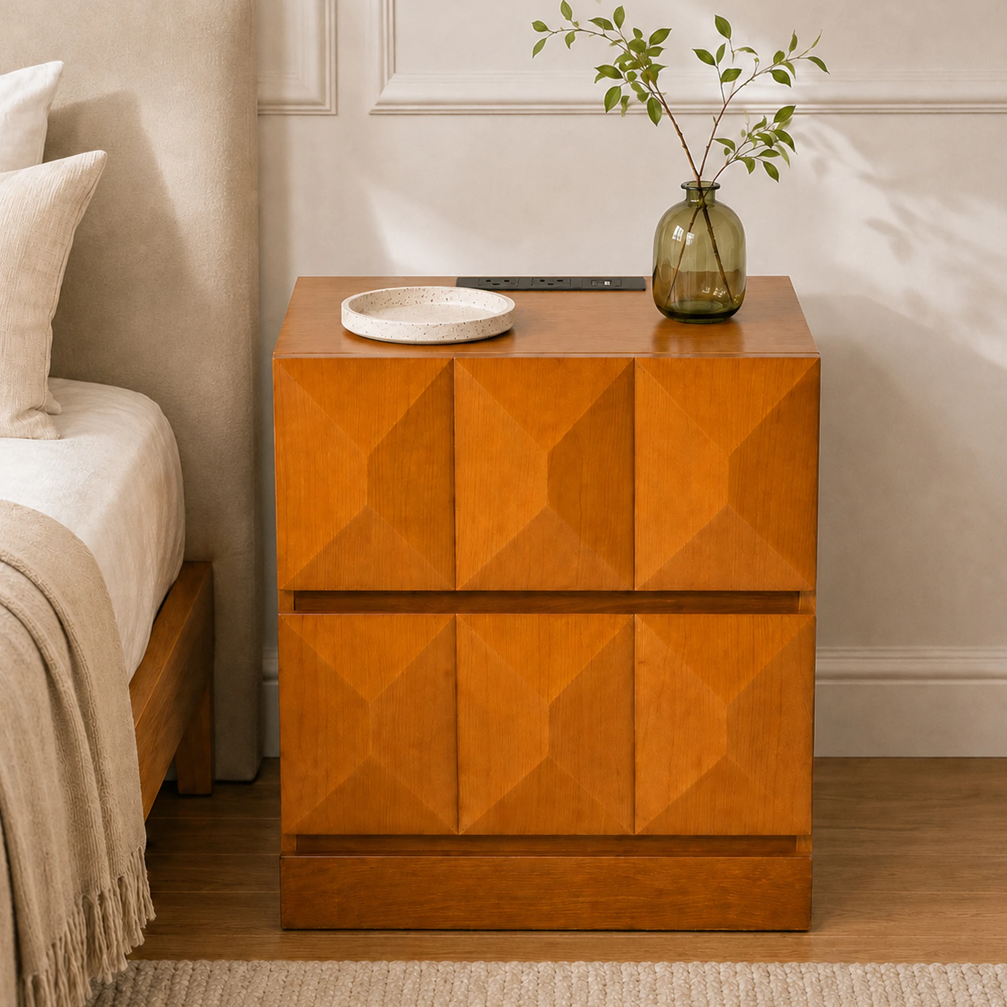 Tall Modern Nightstand with Charging Station, 21.65'' Wide Wood Bedside Table Storage Drawers,Large Mid Natural Wood Color