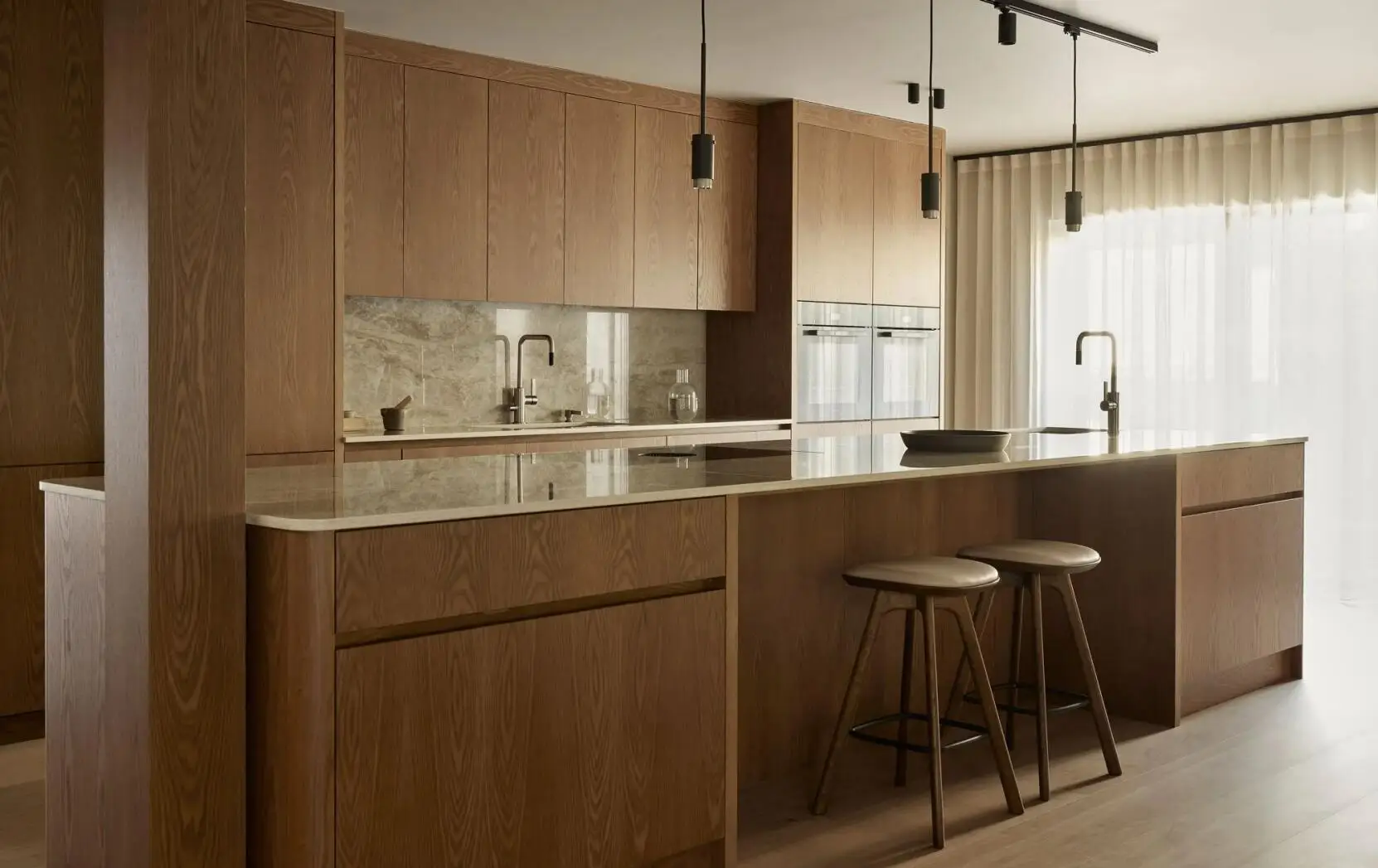 Light brown oak meets matte textured modern kitchen cabinet