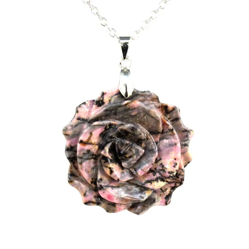 35mm Natural Crystal Carved Rose Flower Stone Pendant Amethyst Quartz Agate Lapis Lazuli Jewelry Charm Chain Necklace For Women