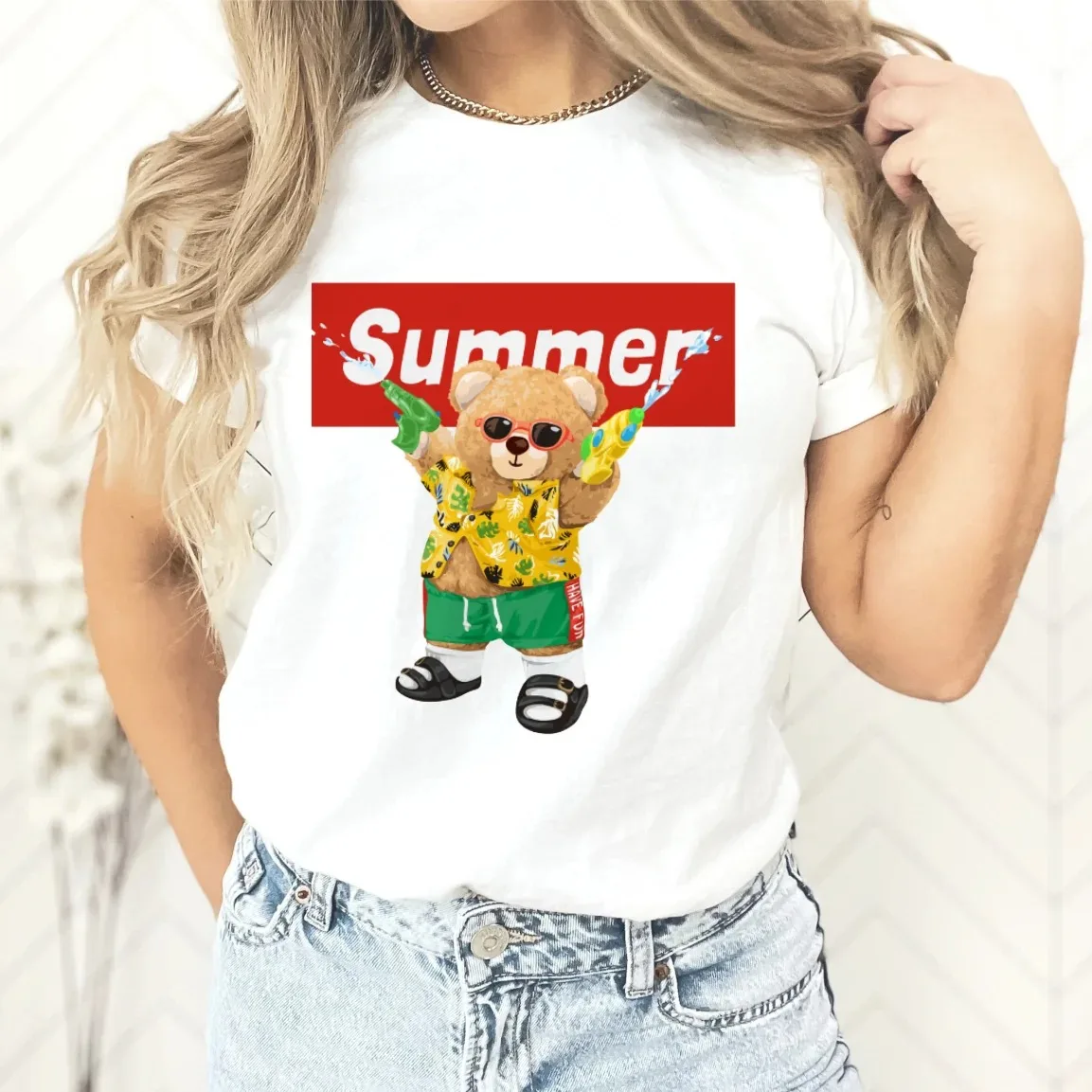 Casual Cute Bear Summer Women's T-shirt Short Trend Cute Style Short Sleeve Printed T-shirt Pattern Top Fashion Spring Printed