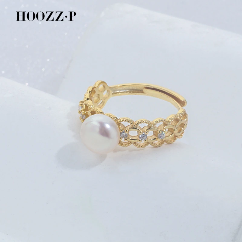 

HOOZZ.P Natural Freshwater Pearl Rings S925 Silver Plated Gold Adjustable Size Openwork Zircon Inlay Wholesale Gift For Women