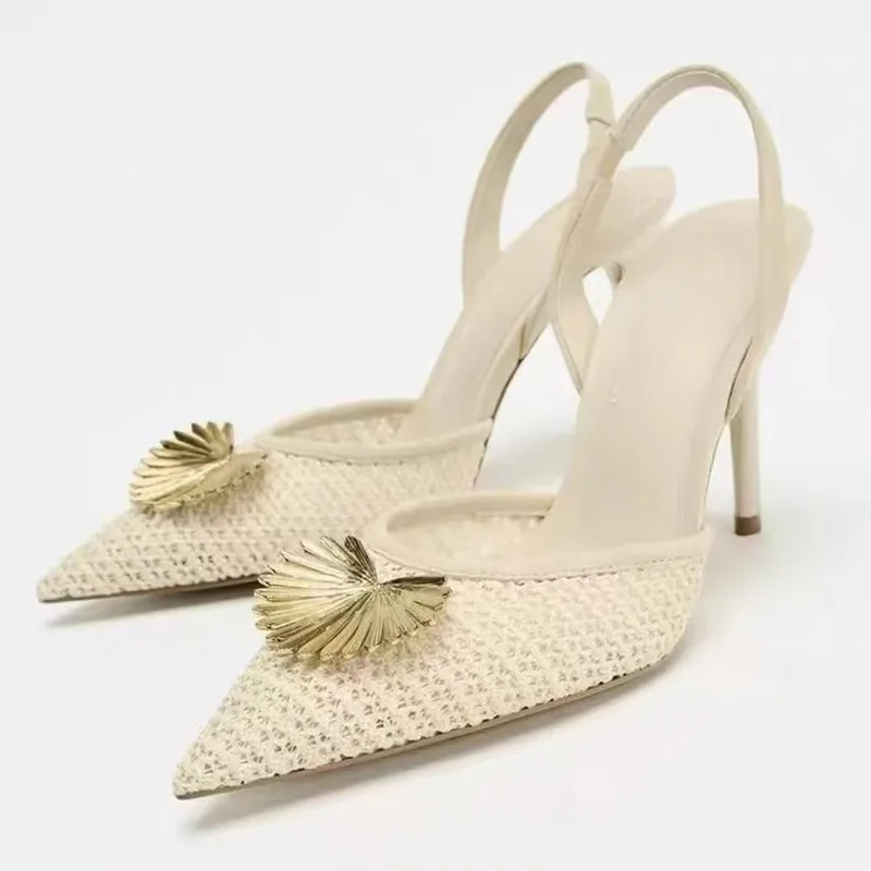 

Novelty Mesh Appliques Decorated Pumps Women Sexy Pointed Toe Slingbacks Thin Heel Designer Shoes Comfortable Party Dress Shoes