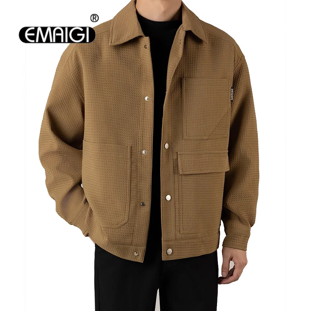 Spring Autumn New Waffle Jacket Men's Korean Streetwear Fashion Loose Casual Vintage Coat Male Business Jacket Outerwear