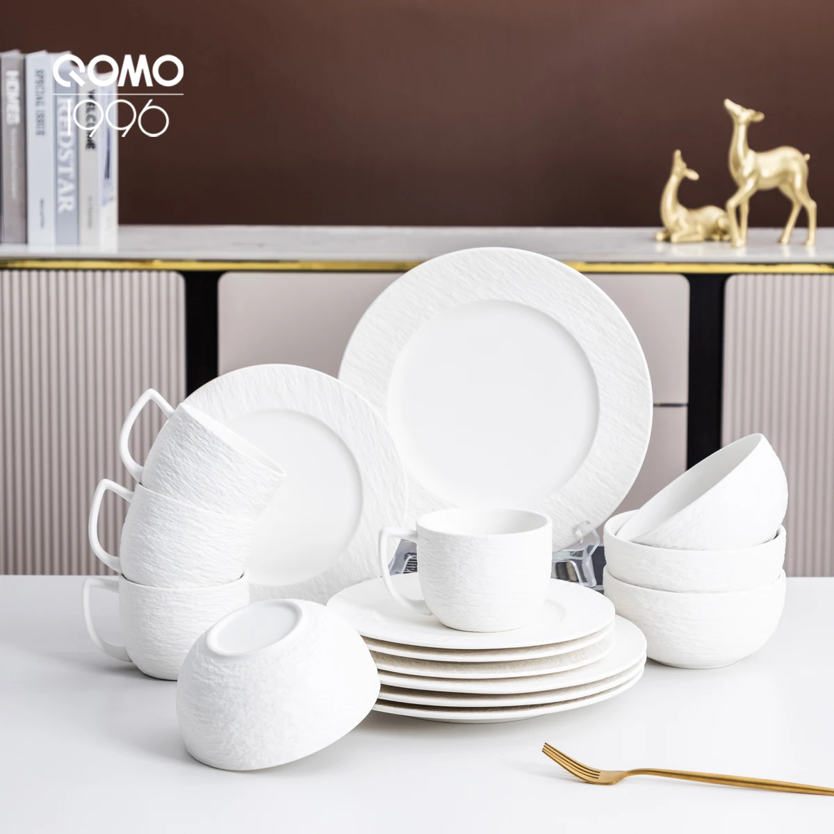 QOMO 16 Piece Black/White Porcelain Dinnerware Set with Dessert Plate,Dinner Plate,Cup,Bowl Tableware Set