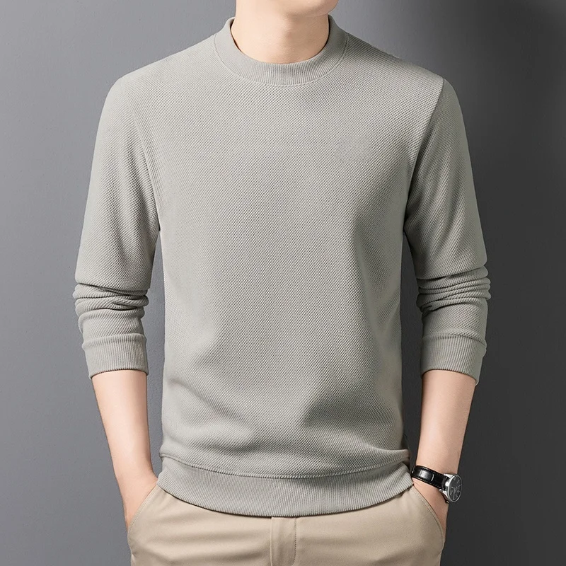 Herren-Waffelstrickpullover mit langen Ärmeln, Rundhalsausschnitt, Fleece-Innenfutter, dick, warm, lockere Passform, für den Alltag und das Büro. – Detail 18