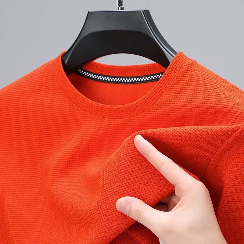 

2024 Men's new waffle neck short-sleeved T-shirt summer comfortable breathable casual top