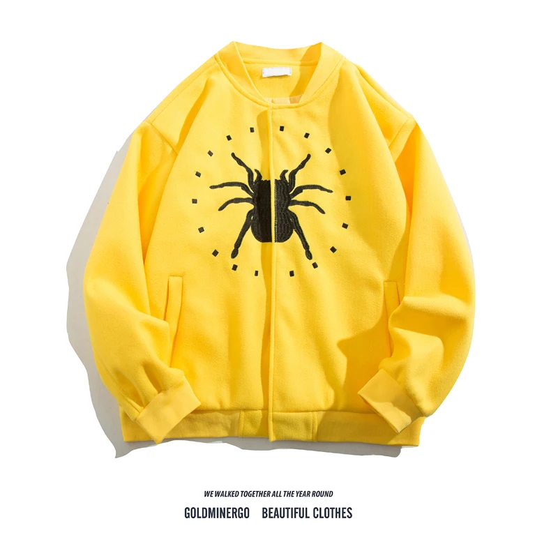 

Бейсбольная куртка в американском уличном стиле с вышивкой паука, воротником-стойкой, свободного кроя, унисекс, с буквенным принтом, повседневная верхняя одежда для пар