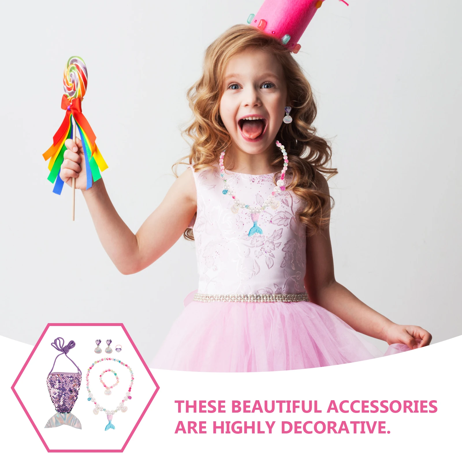 مجموعة مجوهرات حورية البحر مكونة من 6 قطع للفتيات، محفظة نقود معدنية لطيفة، إكسسوار للشعر، فستان متعدد الوظائف، مستلزمات حفلات الأميرات للأطفال #6