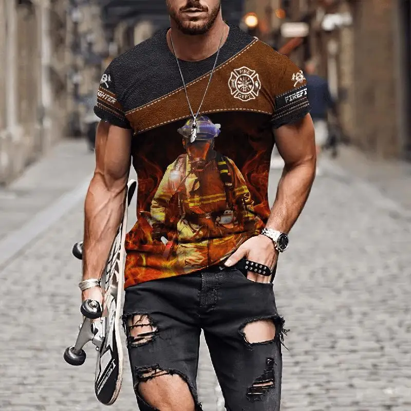 3D Print Firefighter Graphic T-Shirts For Men Casual Short Sleeve Oversized Tees Tops Streetwear Men Cosplay Tshirt Ropa Hombre