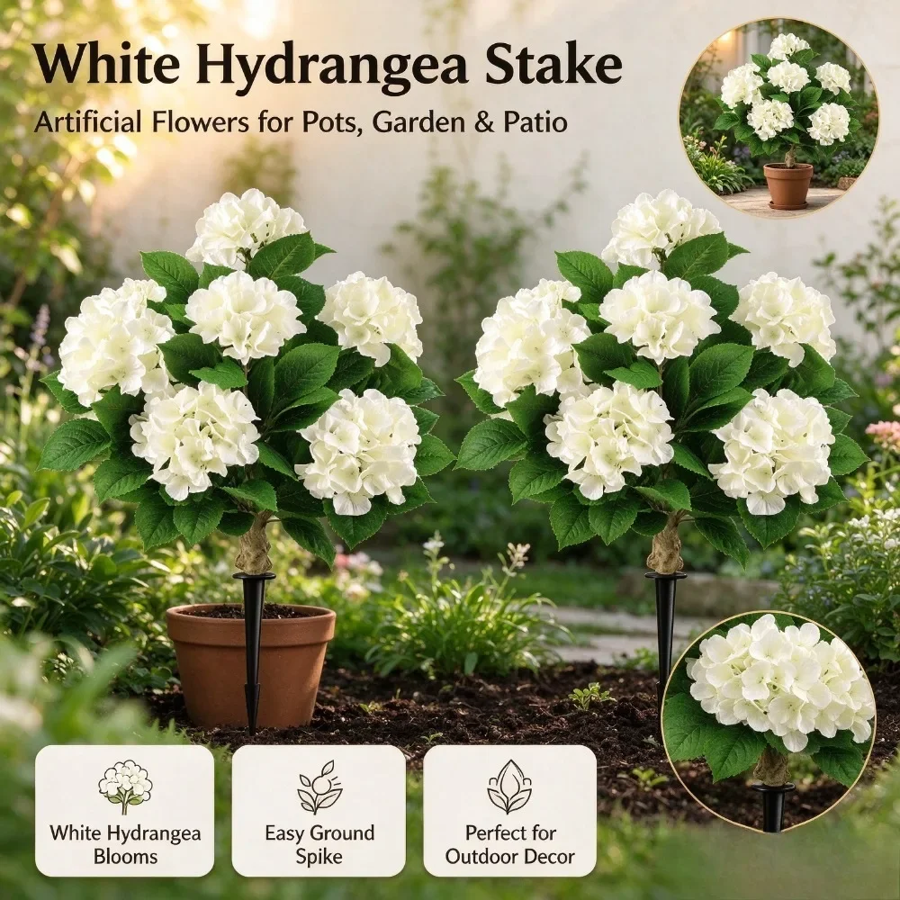 2Pcs Faux Hydrangea Topiary Trees in Pots UV Resistant Beige Floral Fall Porch Front Door No Fade Outdoor Artificial Plants