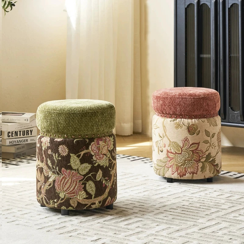 Small Stools Light Luxury High Sense Living Room Pier Chinese Retro Round Stool Shoe Changing Stool Sofa Low Stool Makeup Stools