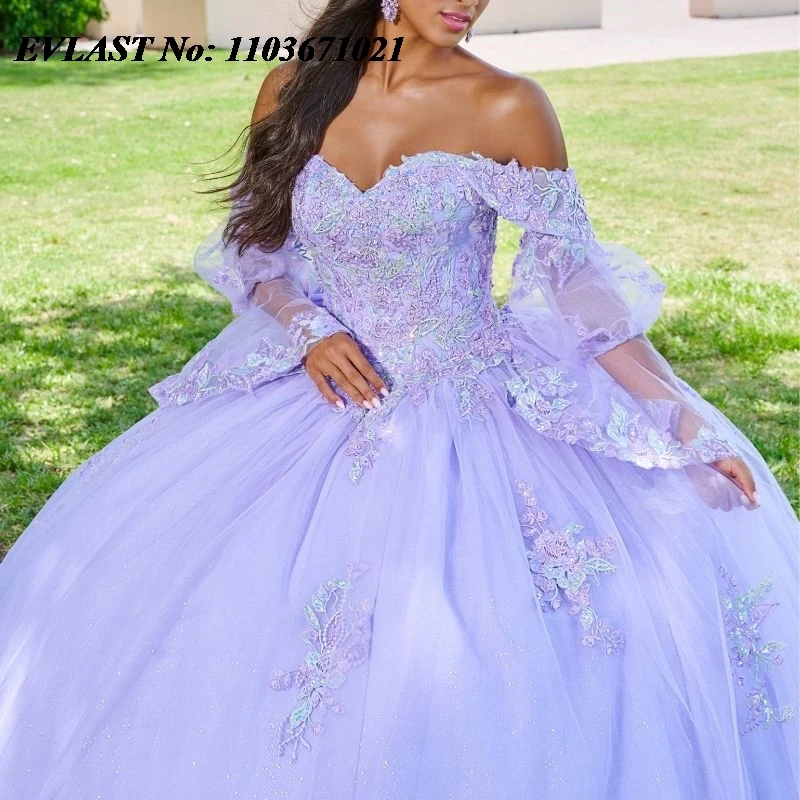 EVLAST Customized Lavender Quinceanera Dress Ball Gown Puffy Sleeve Lace Applique Beading Bow Sweet 16 Vestidos De 15 Anos SQ113