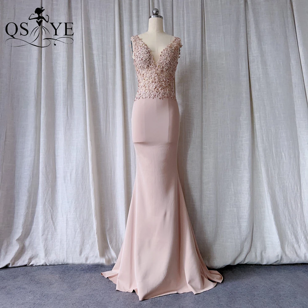 

Champagne Lace Prom Dresses Beaded Crystals Mermaid Evening Gown Women Appliques V Neck Long Formal Party Dress Open Low Back